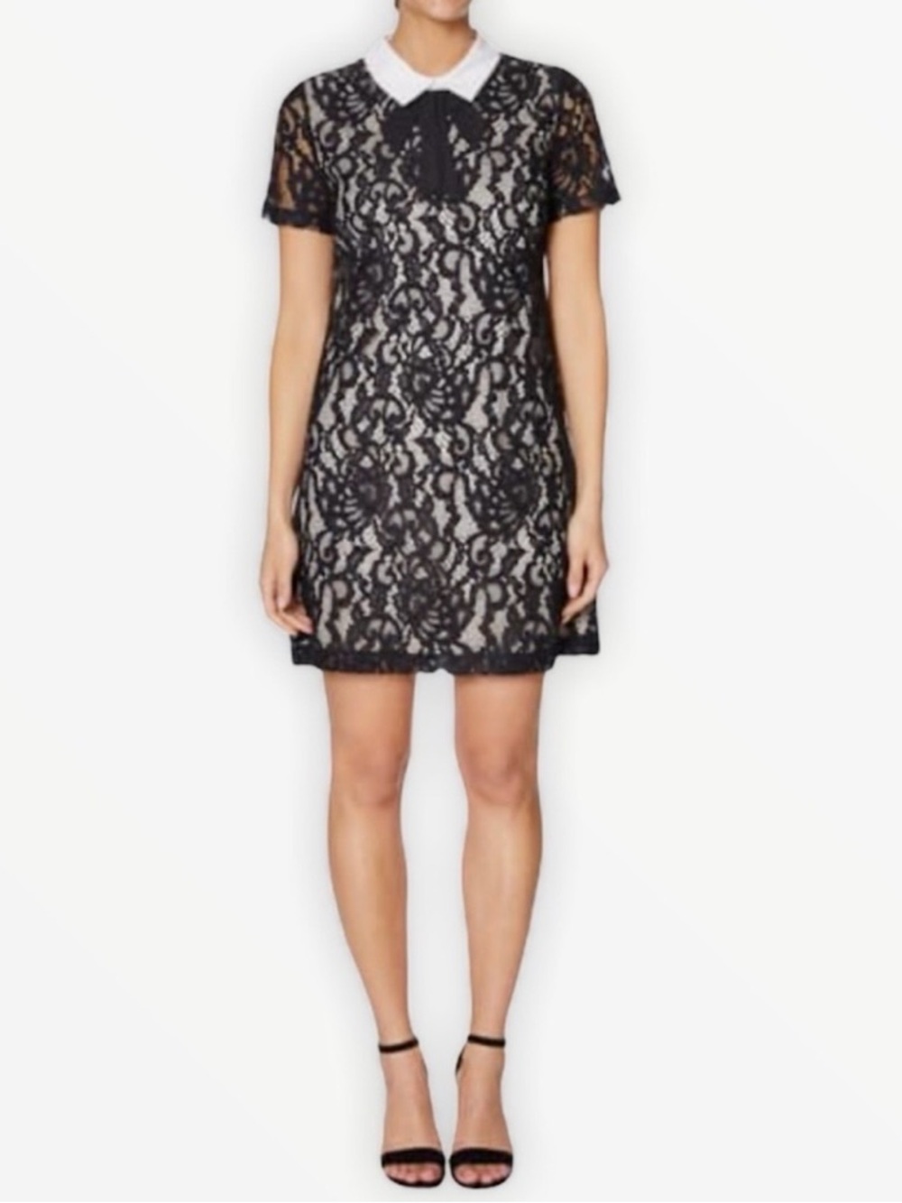 Betsey Johnson Black and white Lace short sleeve collared tie neck mini dress 6